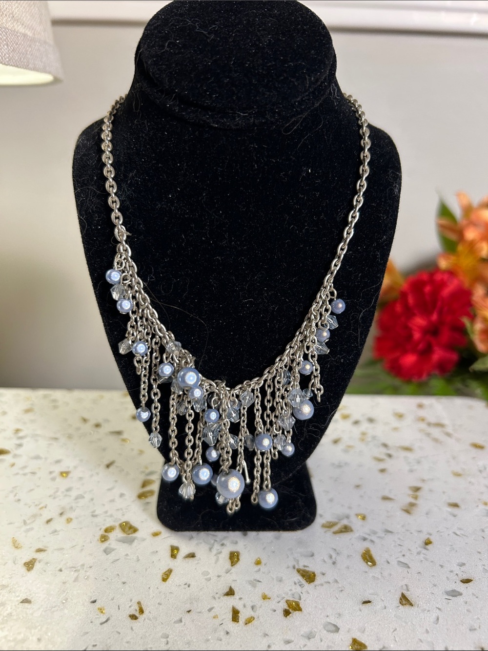 Raven Silver Fringe Necklace with Pale Blue Beads 16”